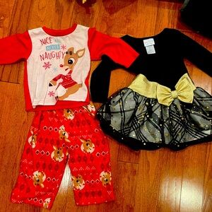 girls 2t holiday fancy dress black velvet and gold and red reindeer pajamas